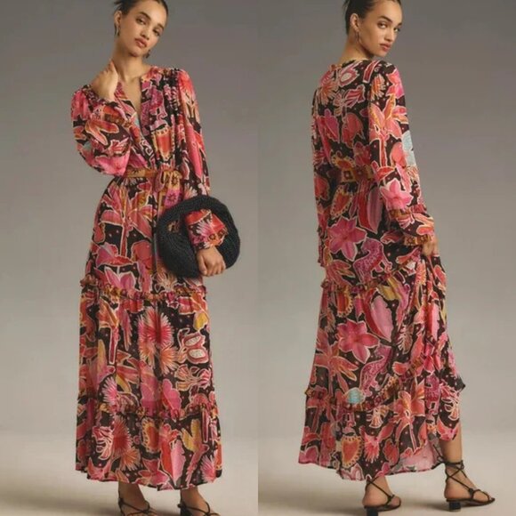 NWT Farm Rio Long-Sleeve Floral Tiered Maxi Dress - Small - Picture 1 of 5